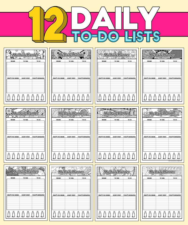 a complete image showing smaller images of the 12 daily to-do lists coloring pages in a package