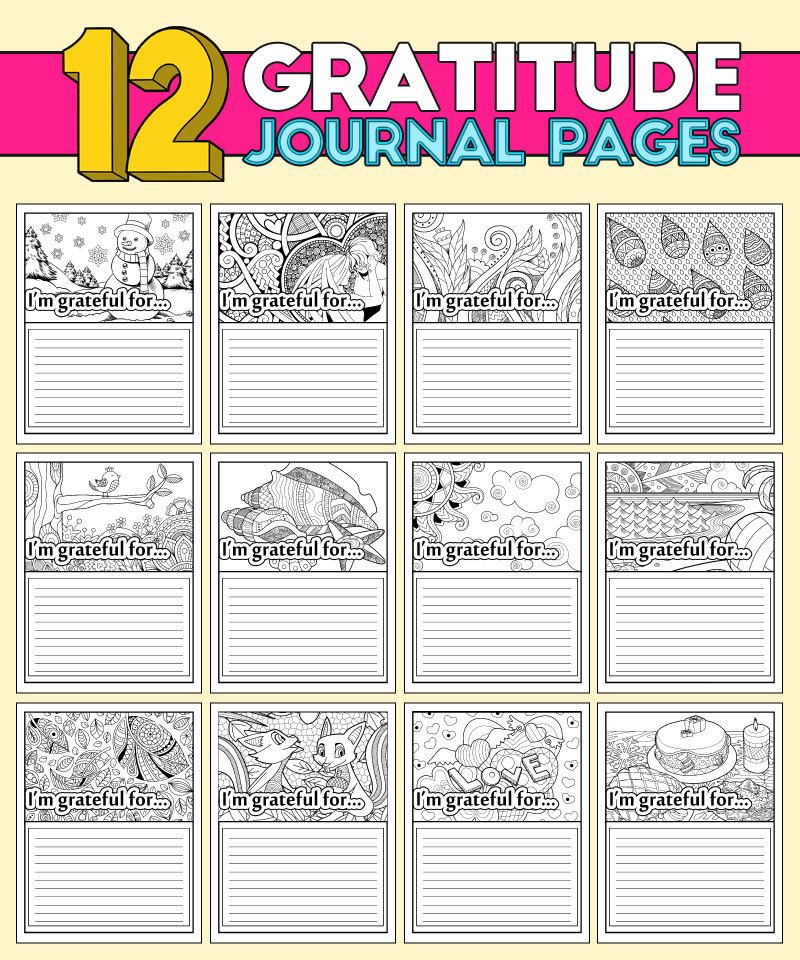 a complete image showing smaller images of the 12 gratitude coloring pages in a package with inspiring designs