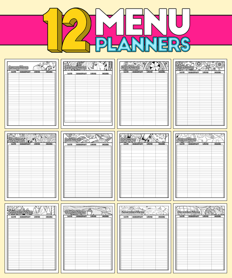 a complete image showing smaller images of the 12 menu planners coloring pages in a package