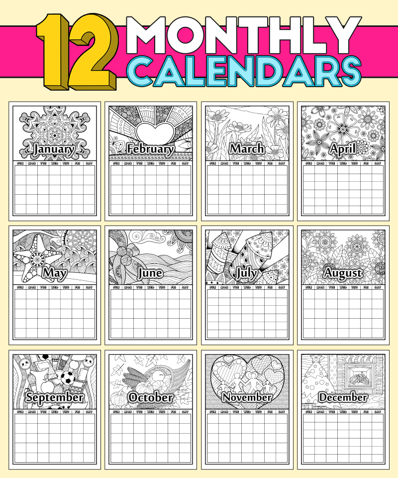 a complete image showing smaller images of the 12 monthly calendar coloring pages in a planner package with seasonal images