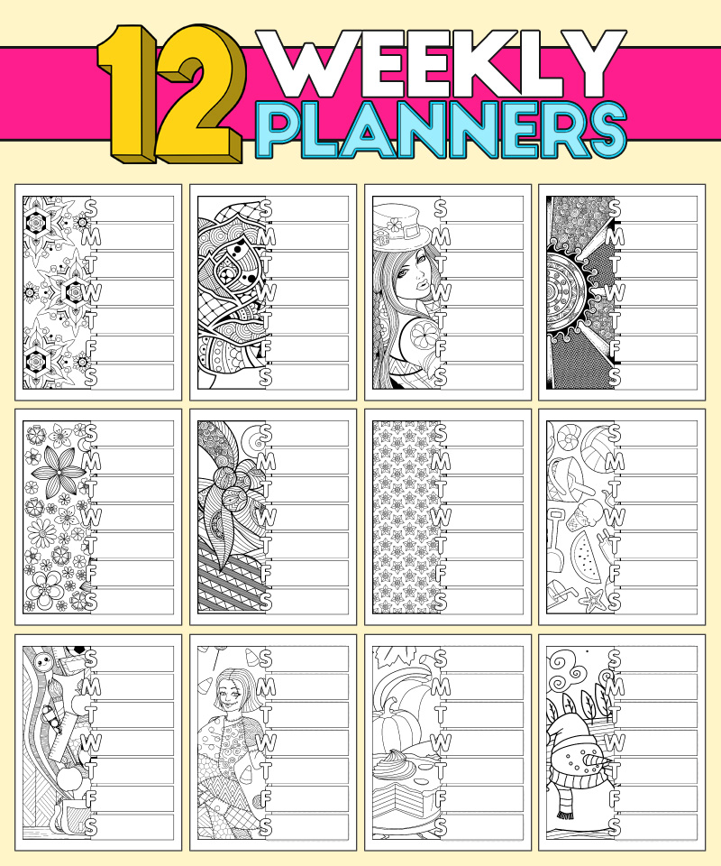 a complete image showing smaller images of the 12 weekly planner coloring pages in a package with fabulous fun designs