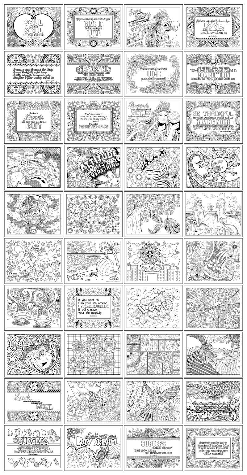 a complete image showing smaller images of all the coloring pages in a package with a fun & fabulous theme