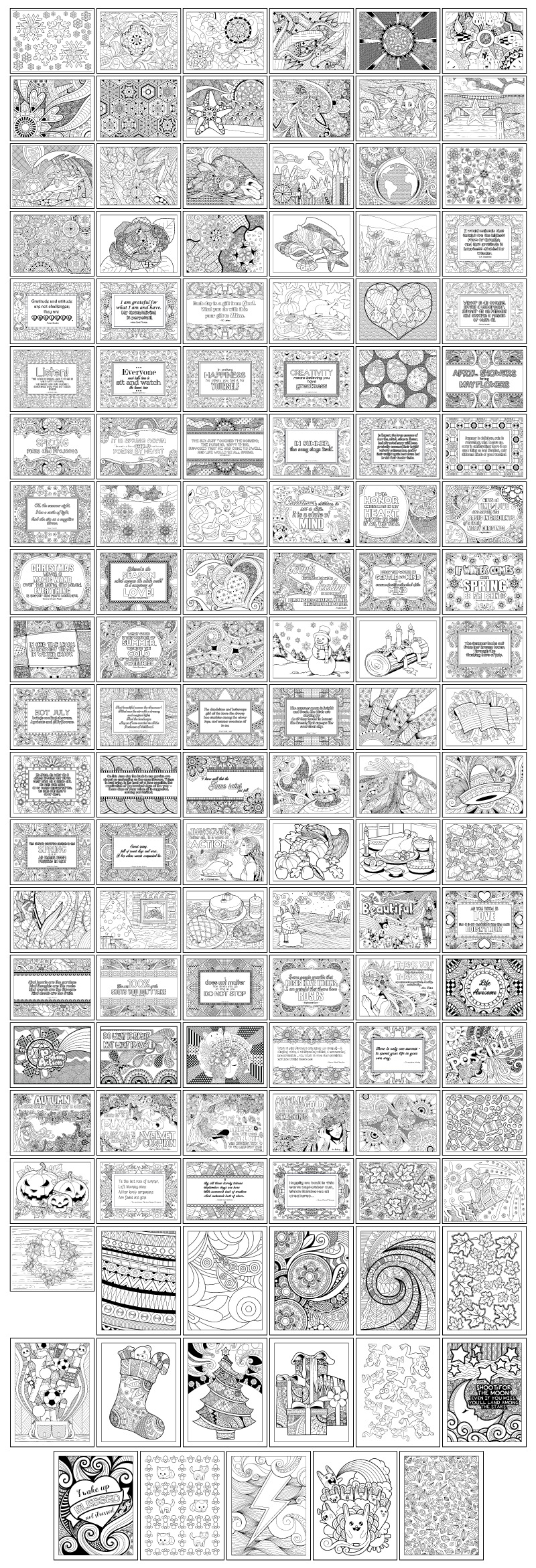 a complete image showing smaller images of all the coloring pages in a package with a fun & fabulous theme