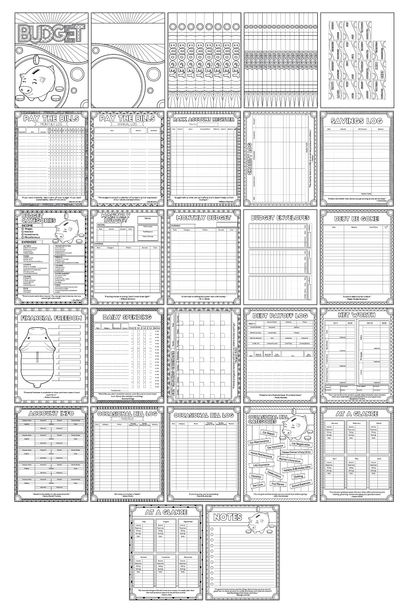 a complete image showing smaller images of all the coloring pages in a package about budgeting