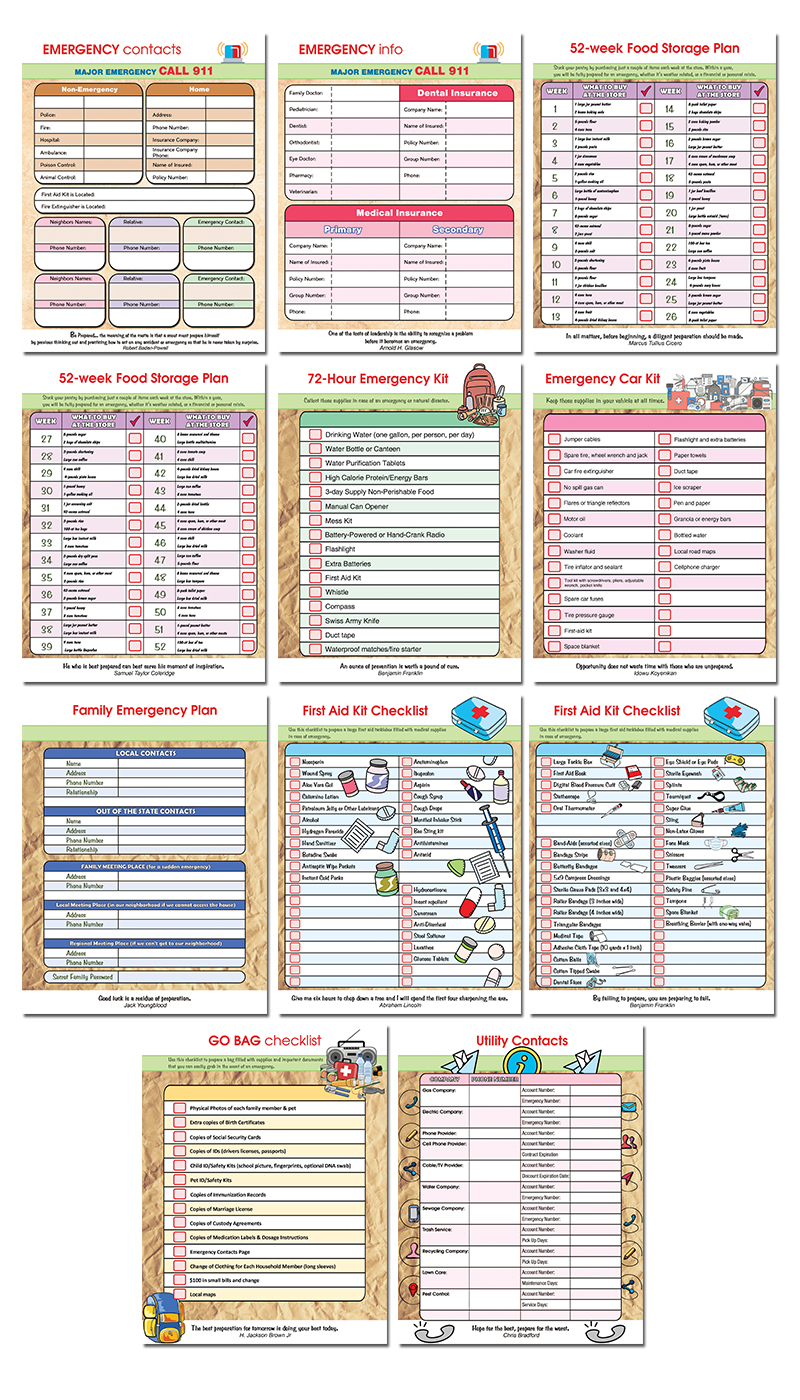 a complete image showing smaller images of all the full color pages in a package about emergency preparations