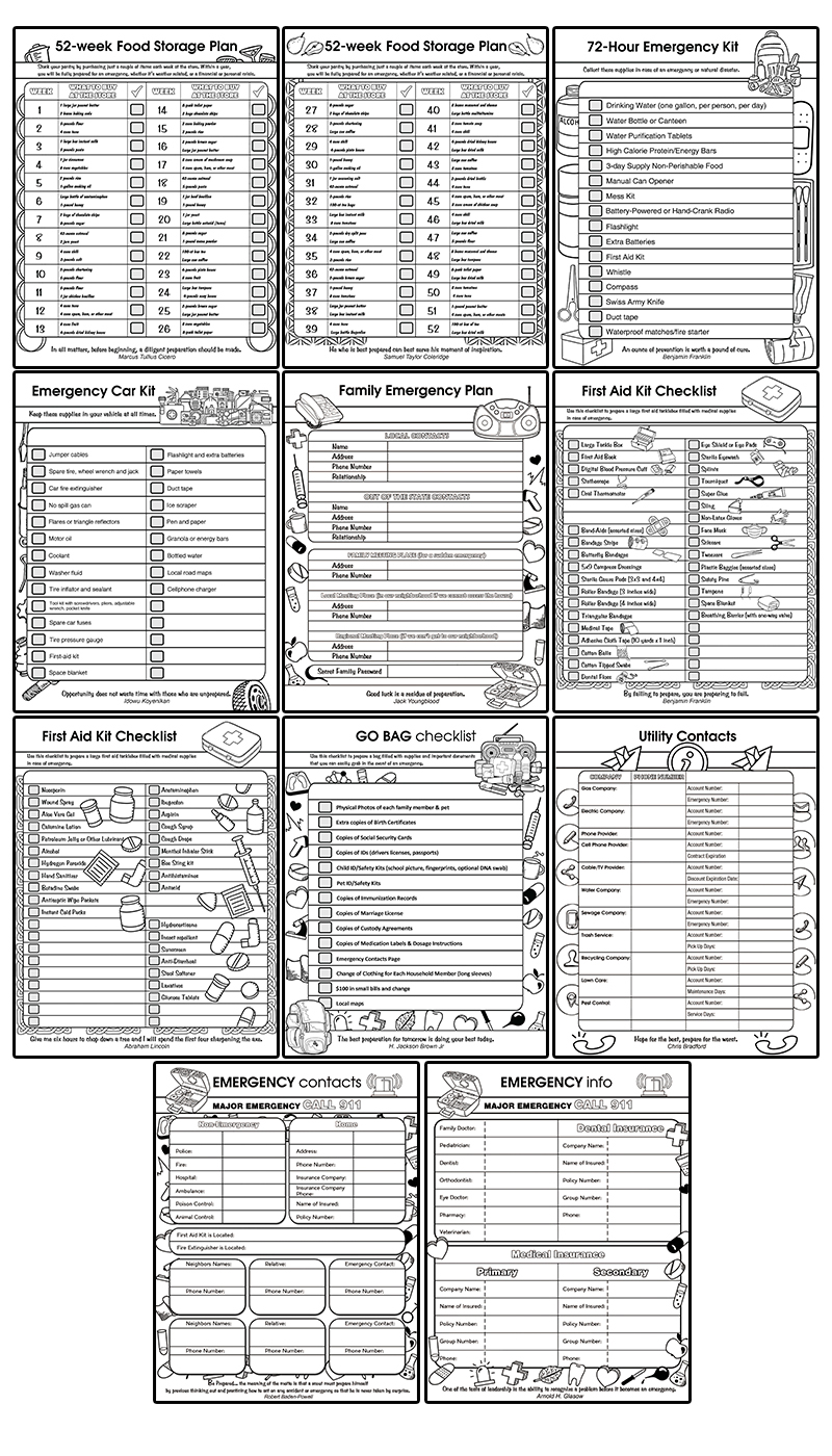 a complete image showing smaller images of all the coloring pages in a package about emergency preparations