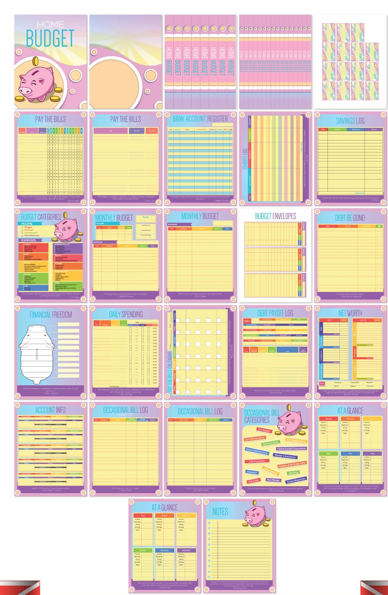 a complete image showing smaller images of all the full color pages in a journal package about saving and budgeting