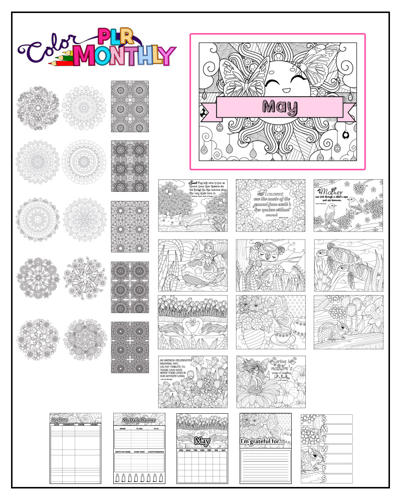 a complete image showing smaller images of all the coloring pages in a flowers and fairy themed package