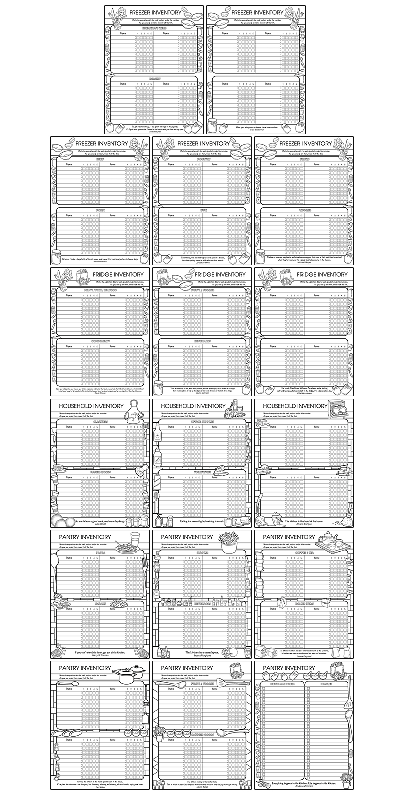 a complete image showing smaller images of all the coloring pages in a journal package about pantry supply