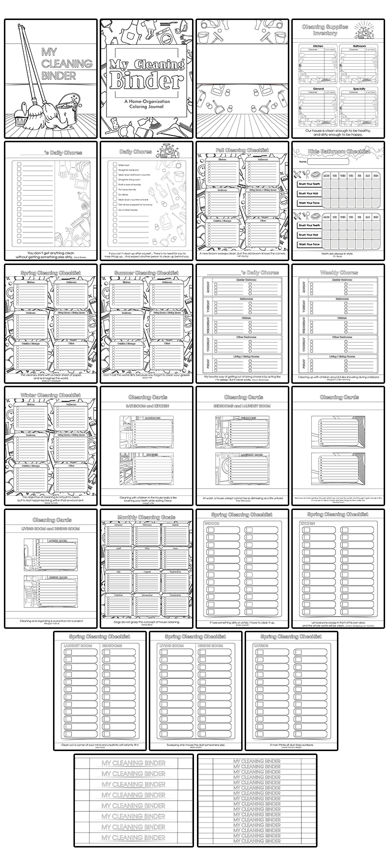 a complete image showing smaller images of all the coloring pages in a journal package about household cleaning