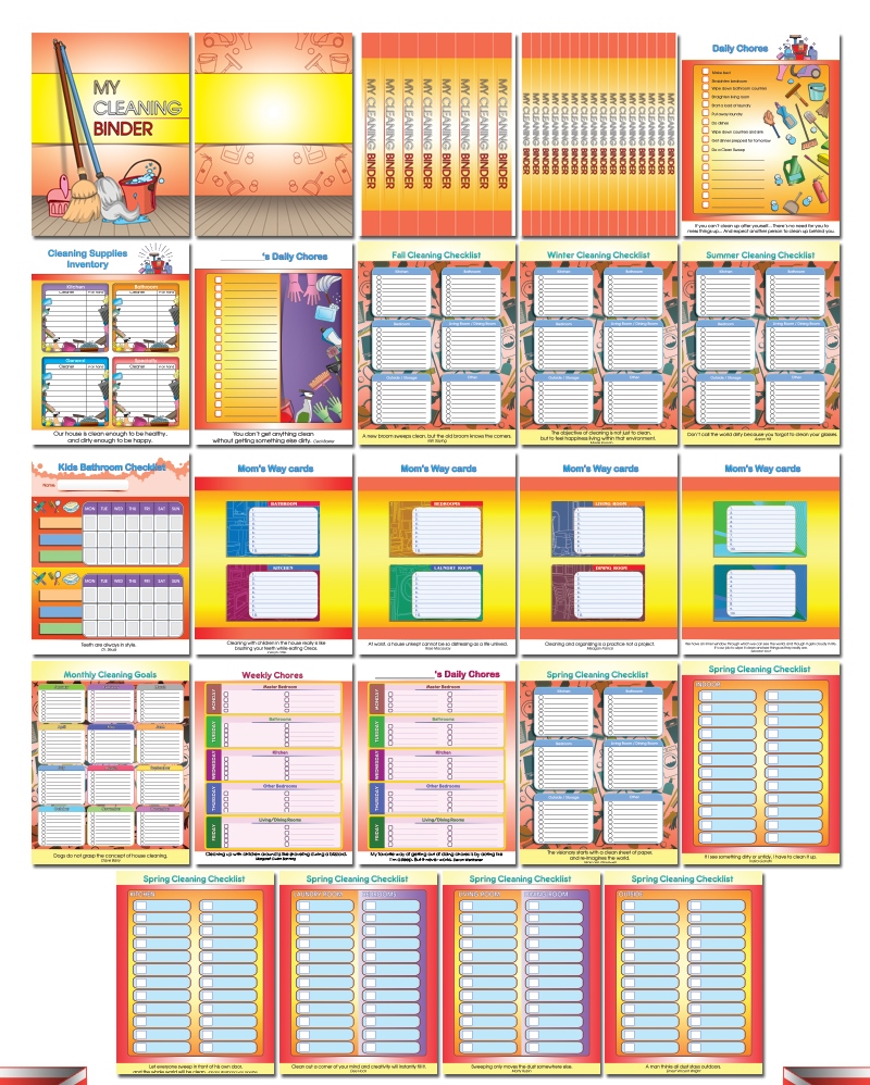 a complete image showing smaller images of all the full color pages in a journal package about household cleaning