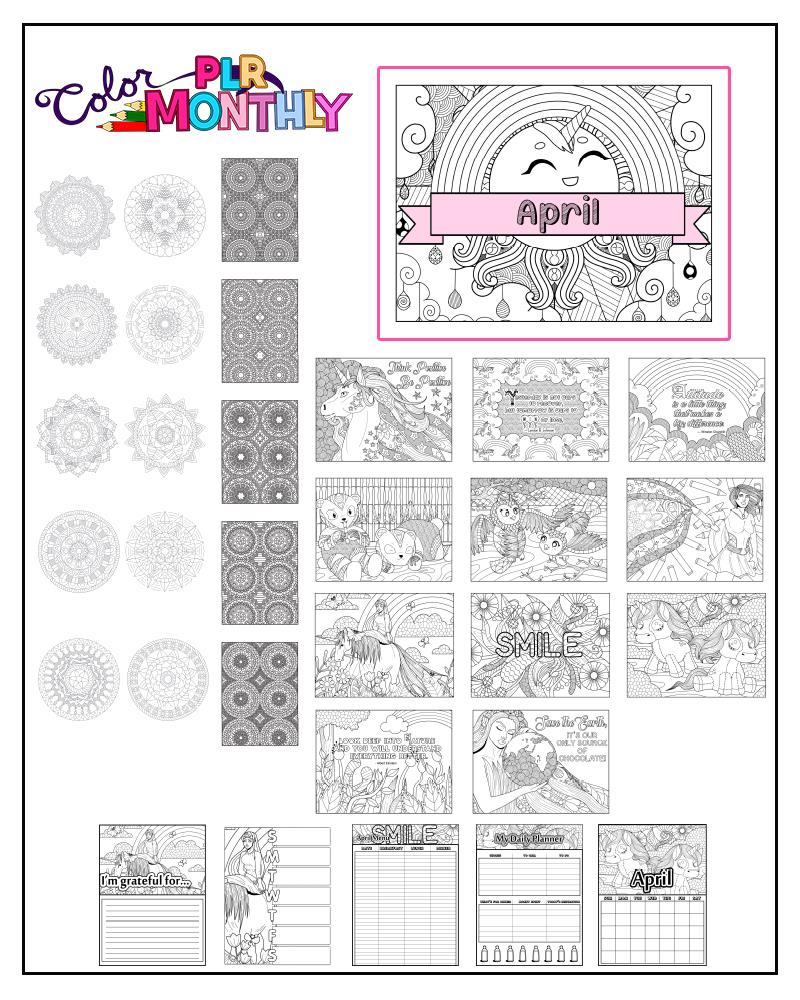 a complete image showing smaller images of all the coloring pages in a package about unicorns