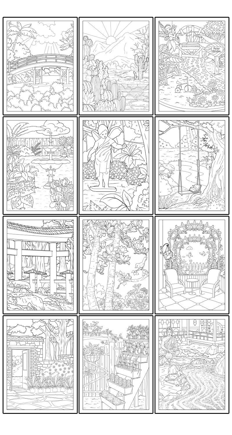 a complete image showing smaller images of all the coloring pages in a package about gardens