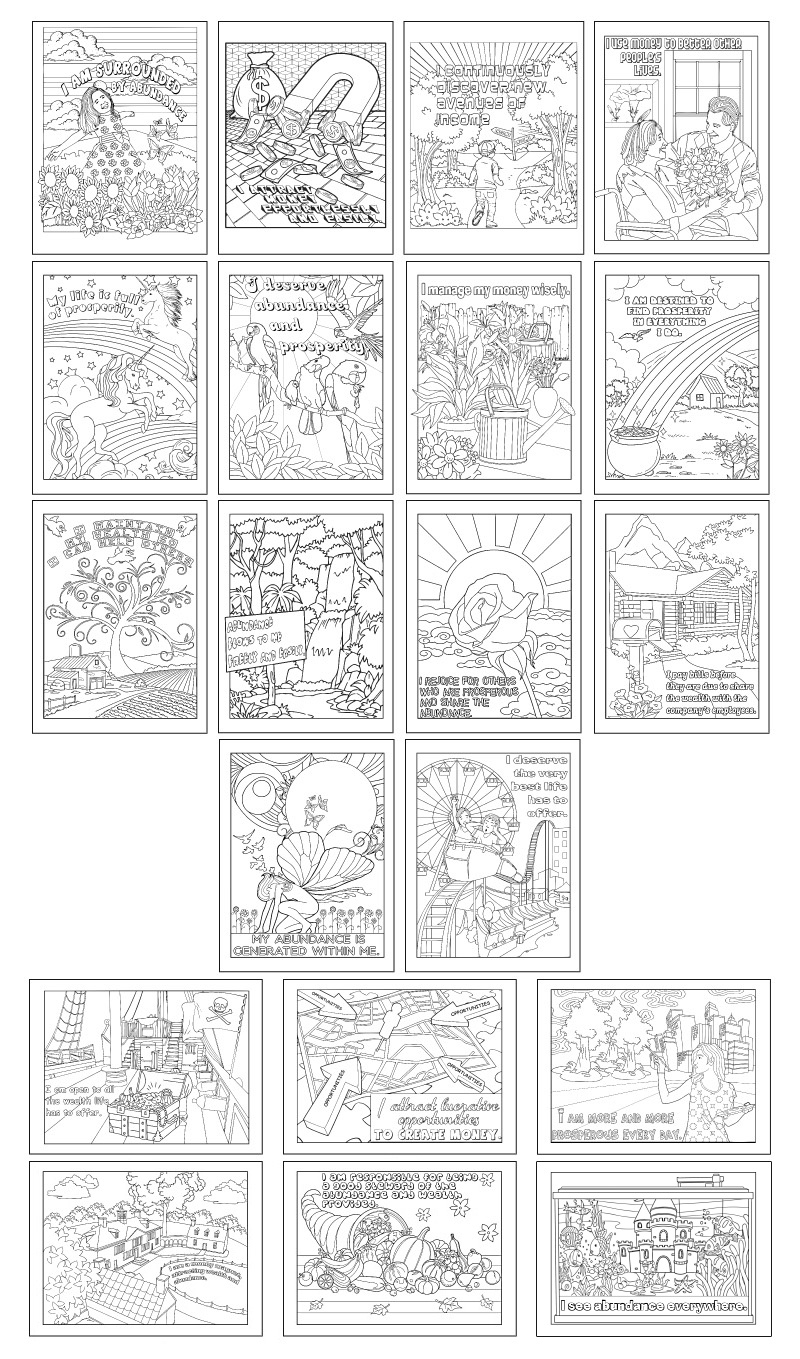 a complete image showing smaller images of all the coloring pages in a package about affirmations