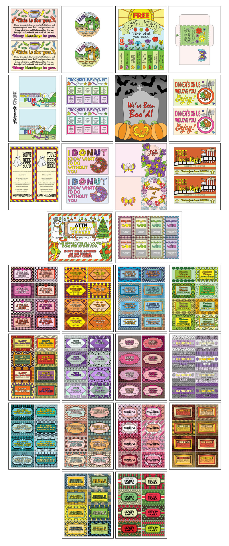 a complete image showing smaller images of all the full color pages in a package about acts of kindness crafts