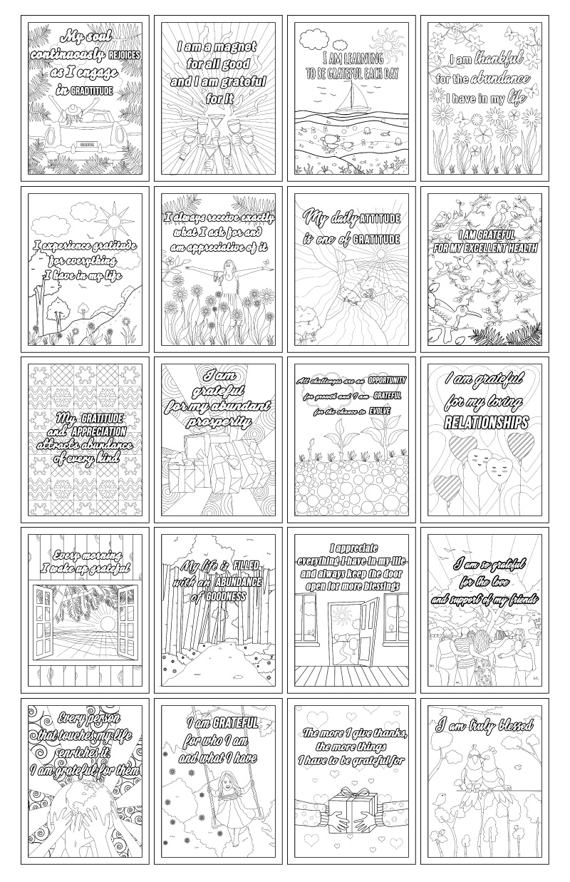 a complete image showing smaller images of all the coloring pages in a package about affirmations