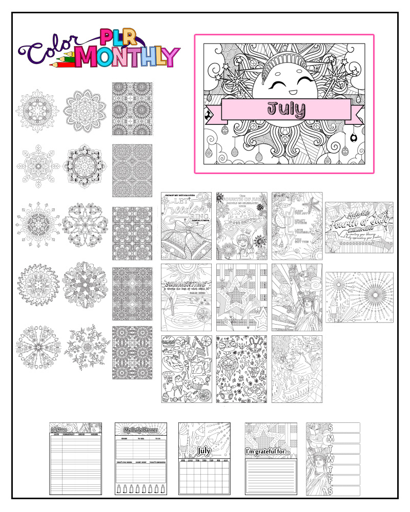a complete image showing smaller images of all the coloring pages in a package about summer and independence day