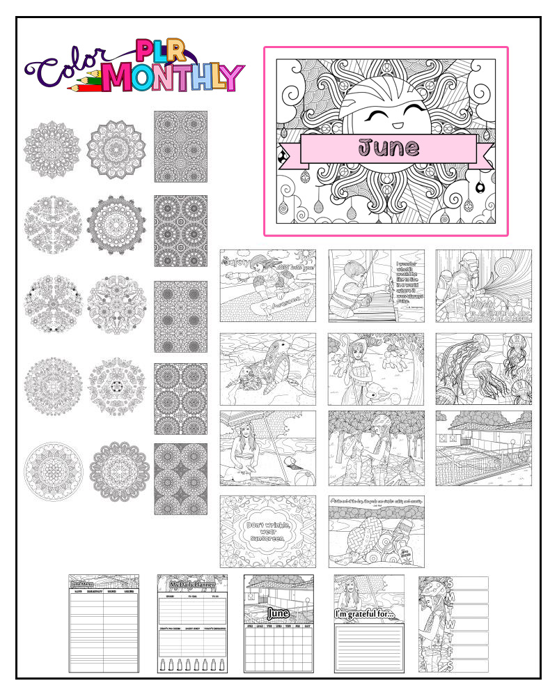 a complete image showing smaller images of all the coloring pages in a package about summer and safety