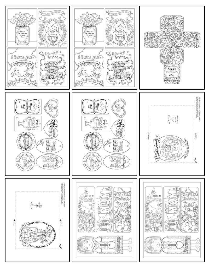 a complete image showing smaller images of all the coloring pages in a package about crafts for mother's day