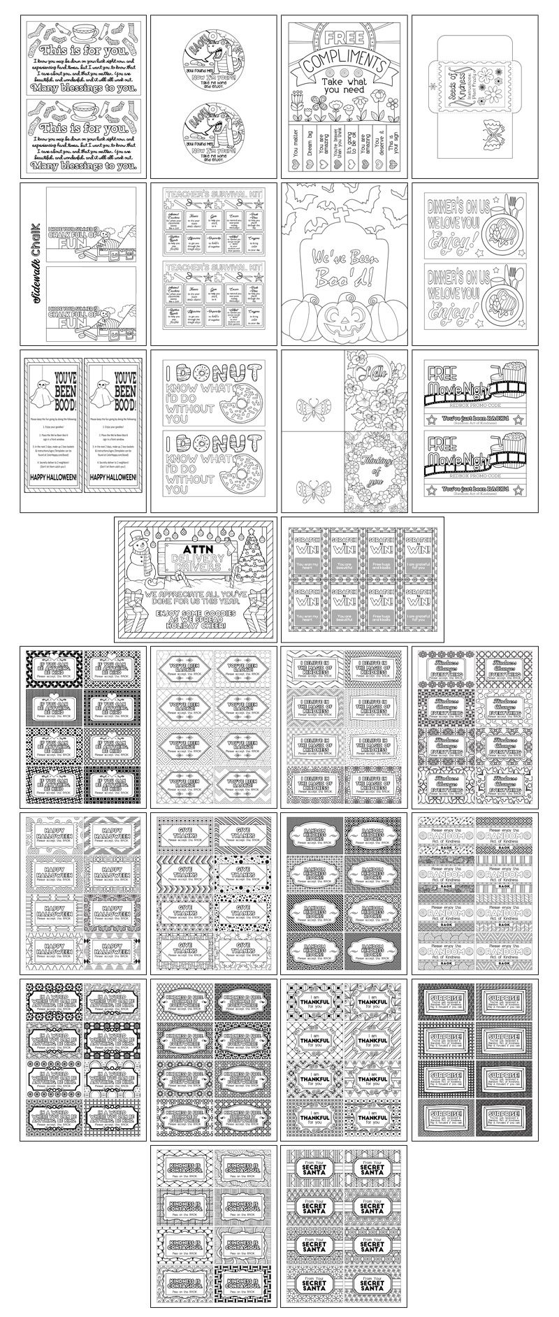 a complete image showing smaller images of all the coloring pages in a package about acts of kindness crafts