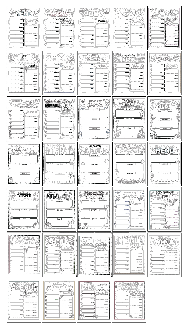 a complete image showing smaller images of all the coloring pages in a package about menus