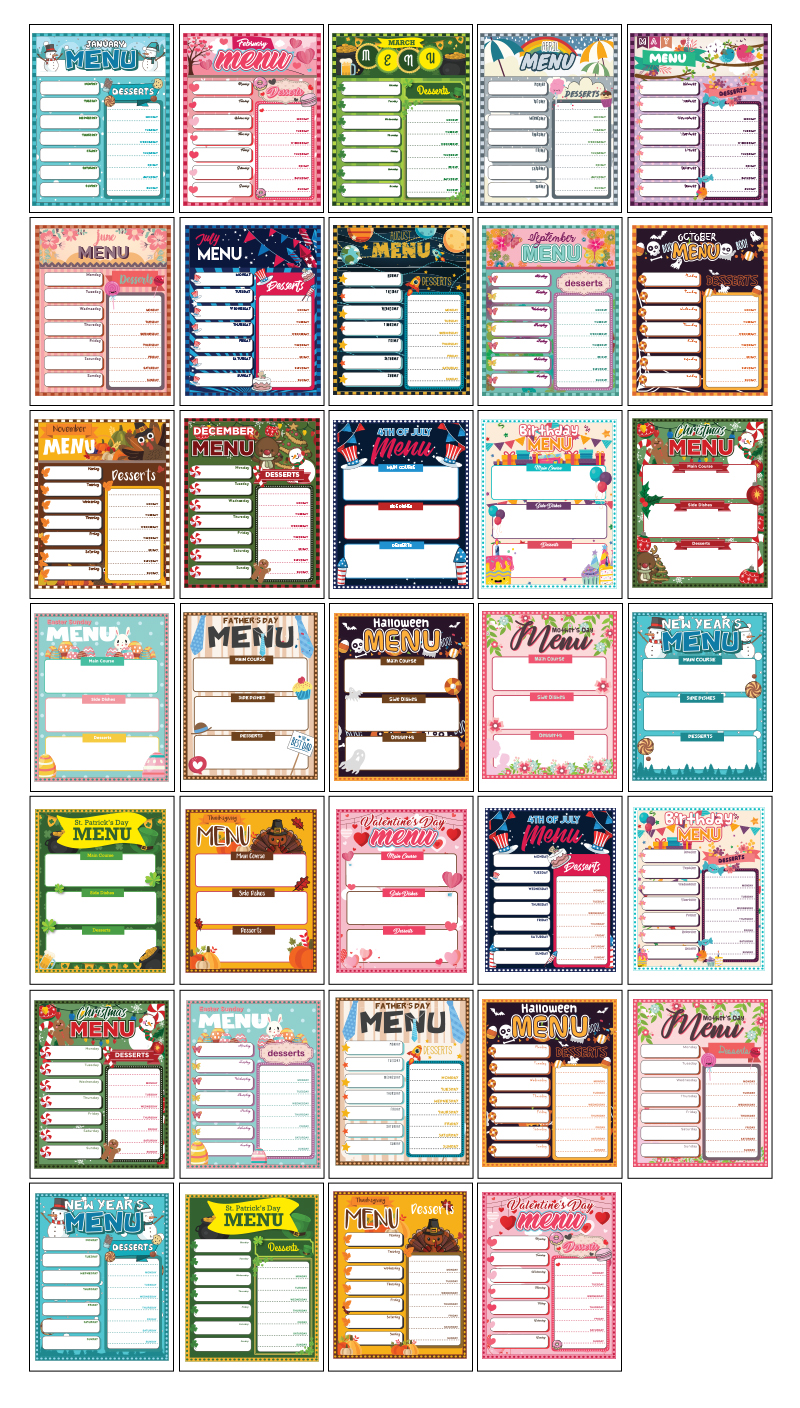 a complete image showing smaller images of all the full color pages in a package about menus