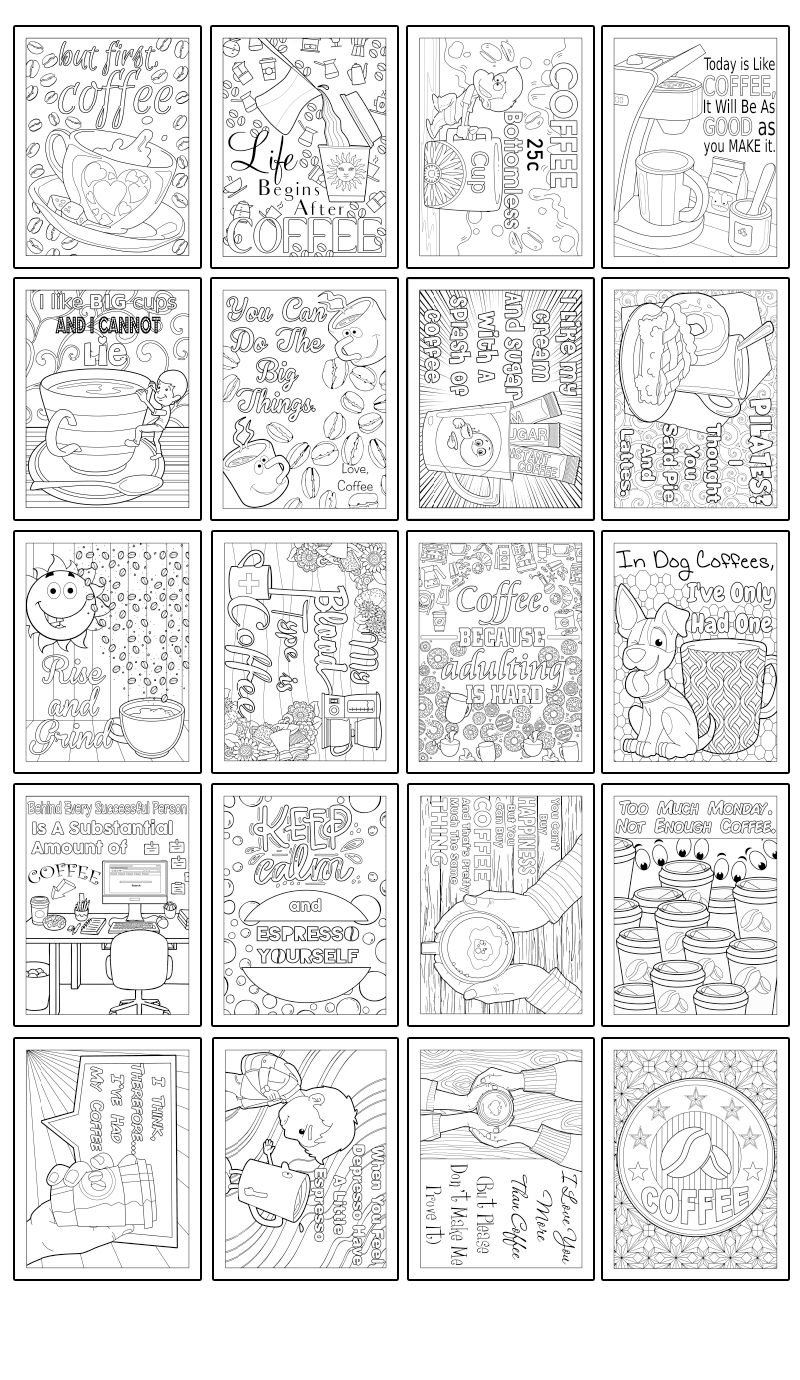 a complete image showing smaller images of all the coloring pages in a package about coffee cravings