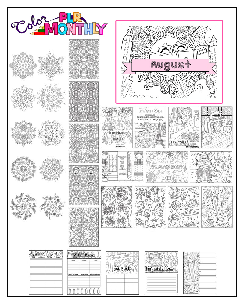 a complete image showing smaller images of all the coloring pages in a education-themed package