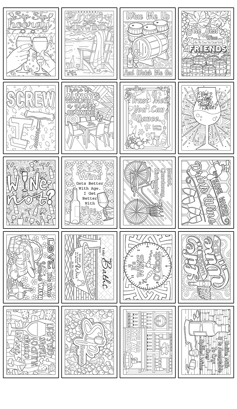 a complete image showing smaller images of all the coloring pages in a package about wine