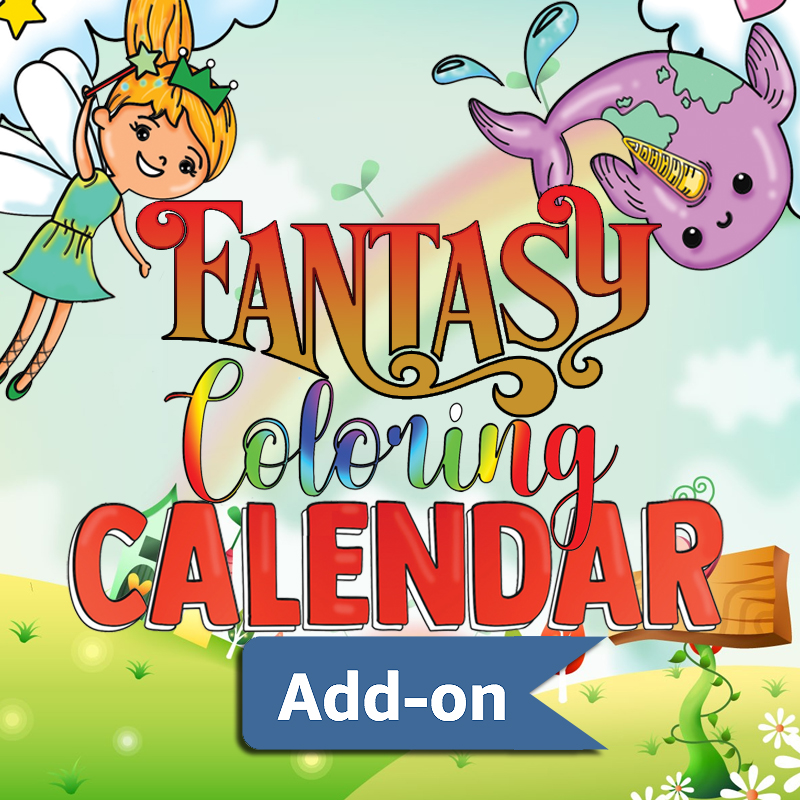 a flying little fairy holding a wand and a purple narwhal in a magical place with the title of the product "Fantasy Coloring Calendar Add-on"