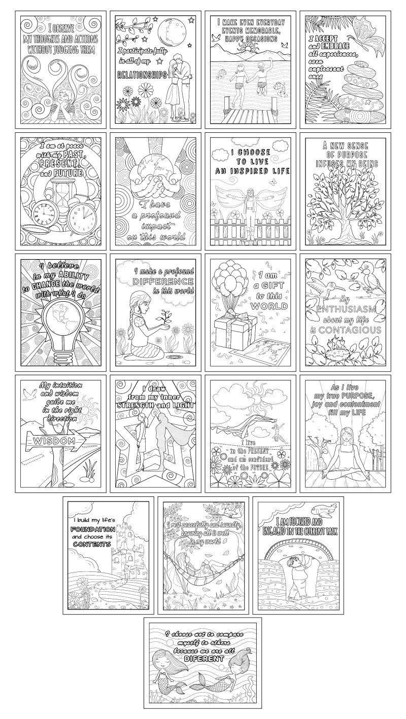 a complete image showing smaller images of all the coloring pages in a package about affirmations