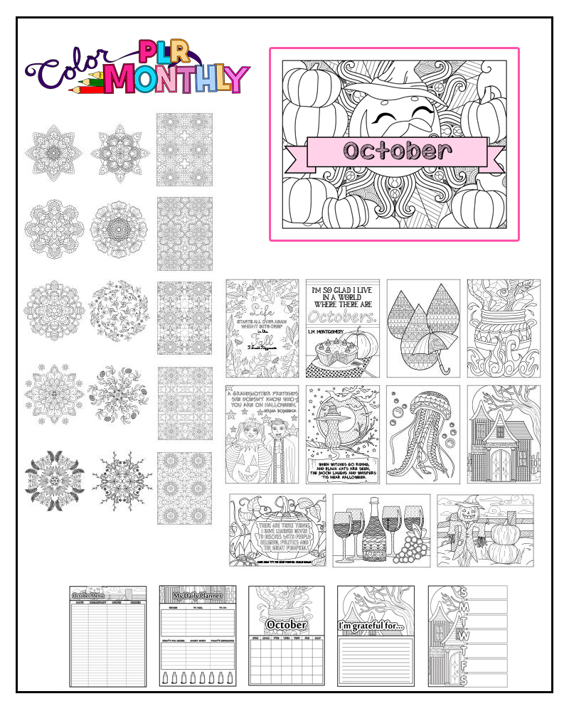 a complete image showing smaller images of all the coloring pages in a package about fall and halloween