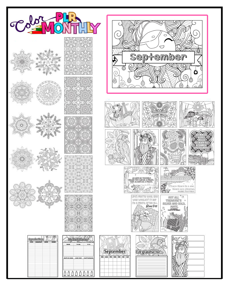 a complete image showing smaller images of all the coloring pages in a pirate-themed package