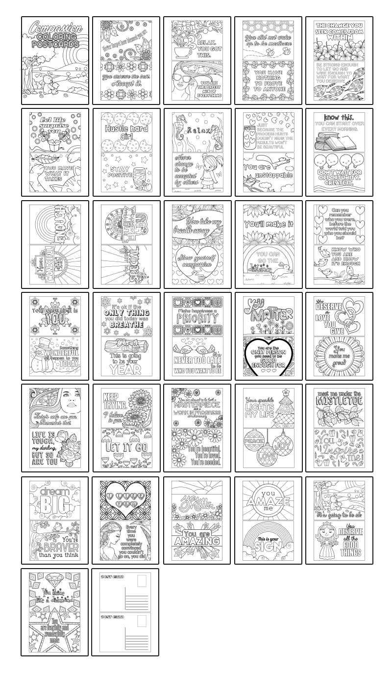 a complete image showing smaller images of all the coloring pages in a charming & compassionate-themed postcard package