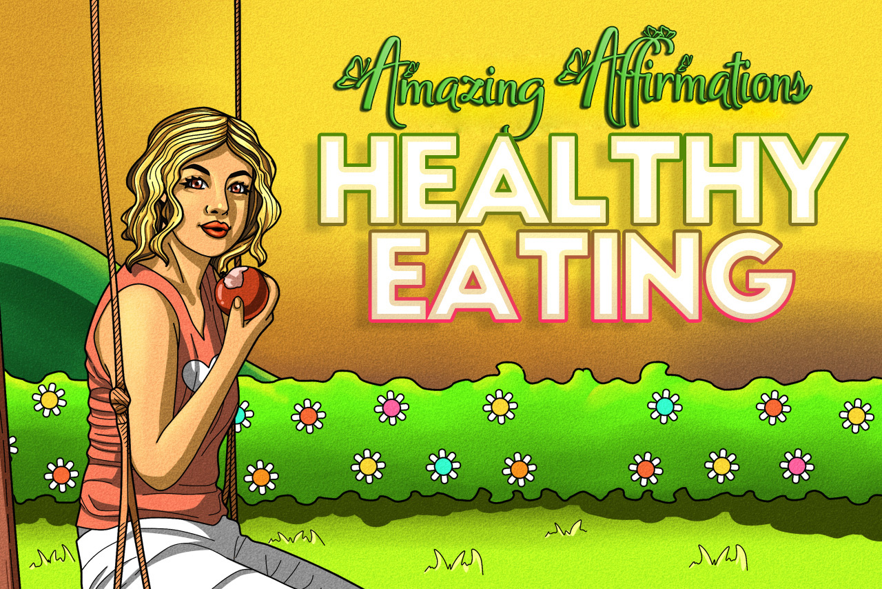 a woman on a swing holding a bitten apple with the title of the product "Amazing Affirmations Healthy Eating"