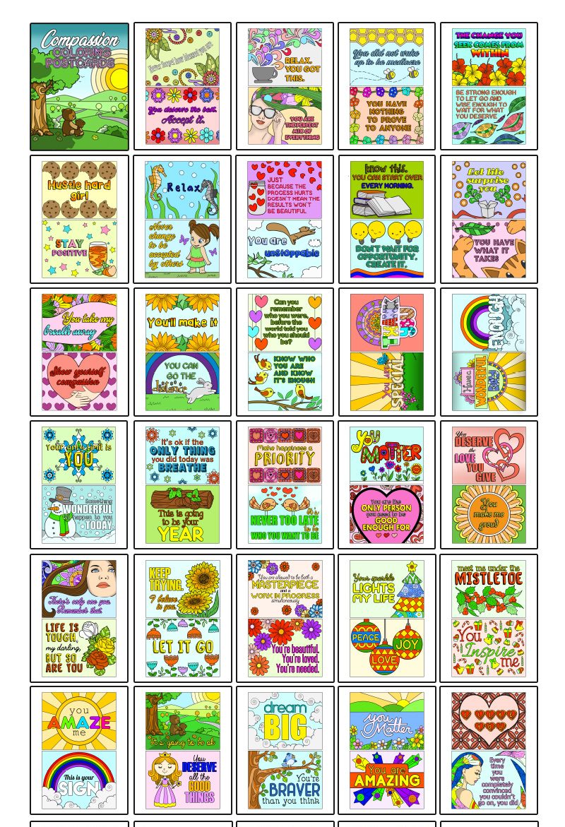 a complete image showing smaller images of all the full color pages in a charming & compassionate-themed postcard package
