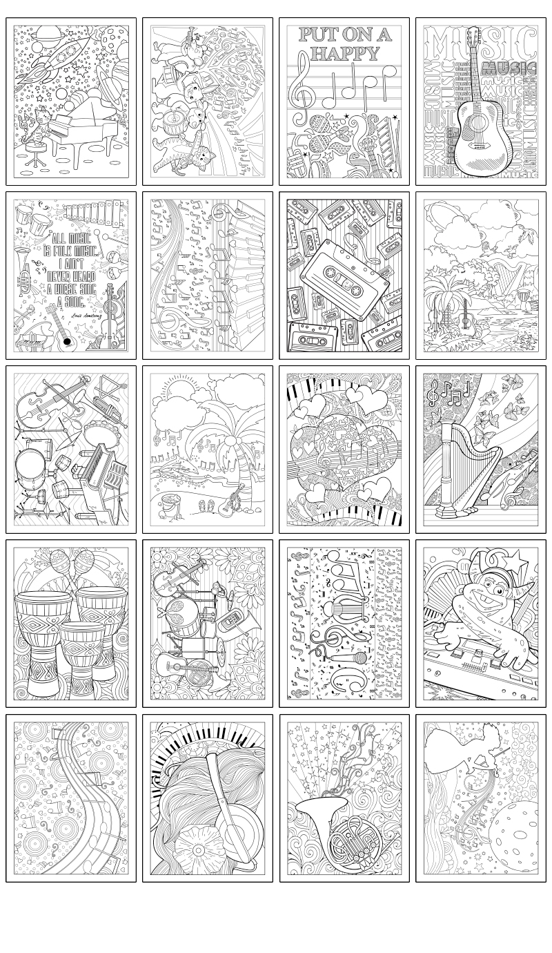 a complete image showing smaller images of all the coloring pages in a package about music