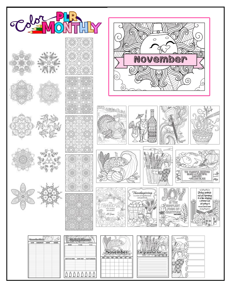 a complete image showing smaller images of all the coloring pages in a package about thanksgiving