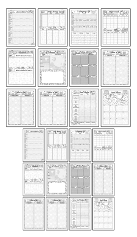 a complete image showing smaller images of all the coloring pages in a journal package about travelling