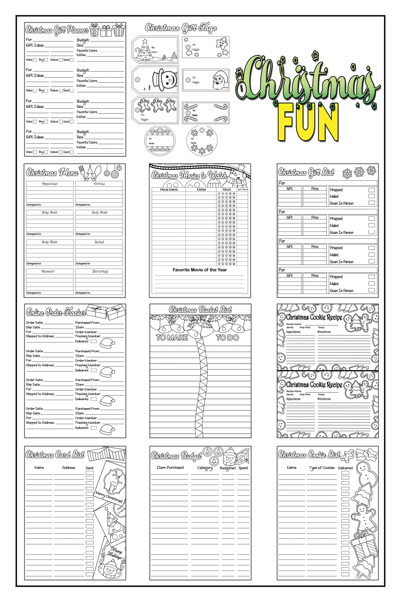 a complete image showing smaller images of all the coloring pages in a planner package about Christmas