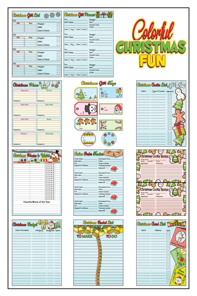 a complete image showing smaller images of all the full color pages in a planner package about Christmas