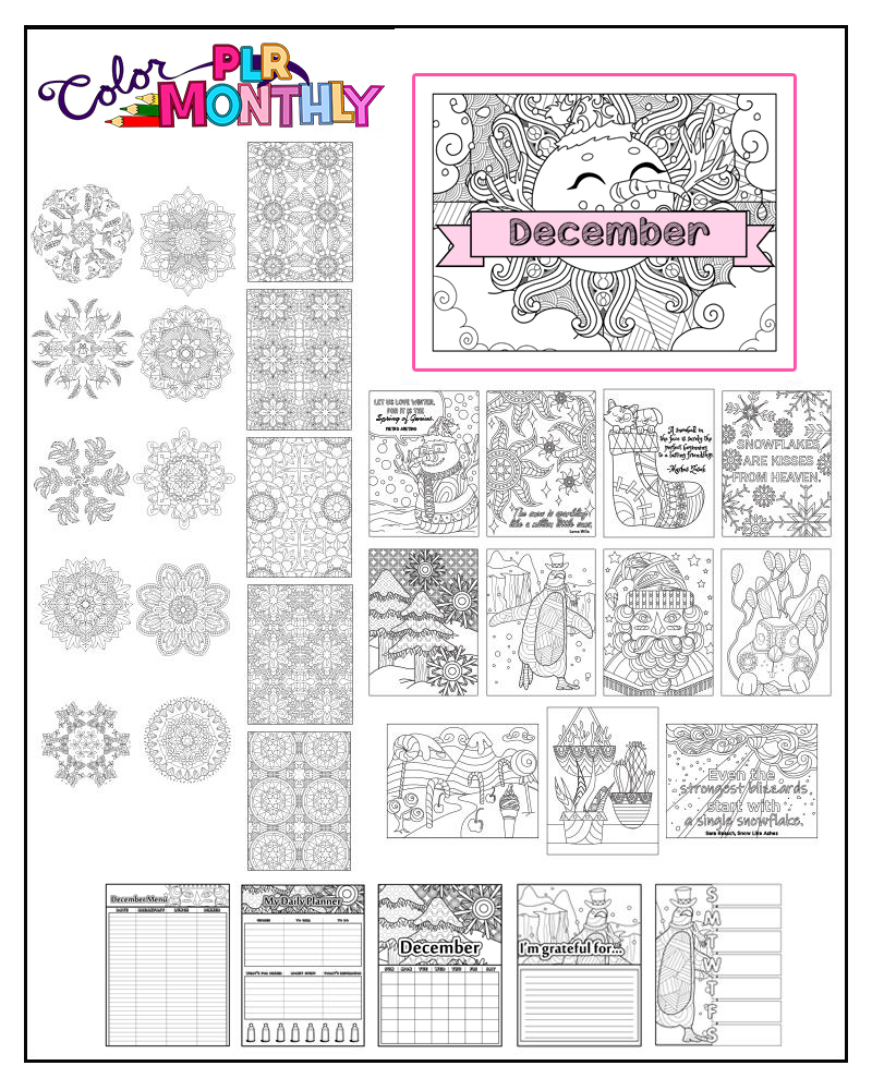 a complete image showing smaller images of all the coloring pages in a package about snow and Christmas season