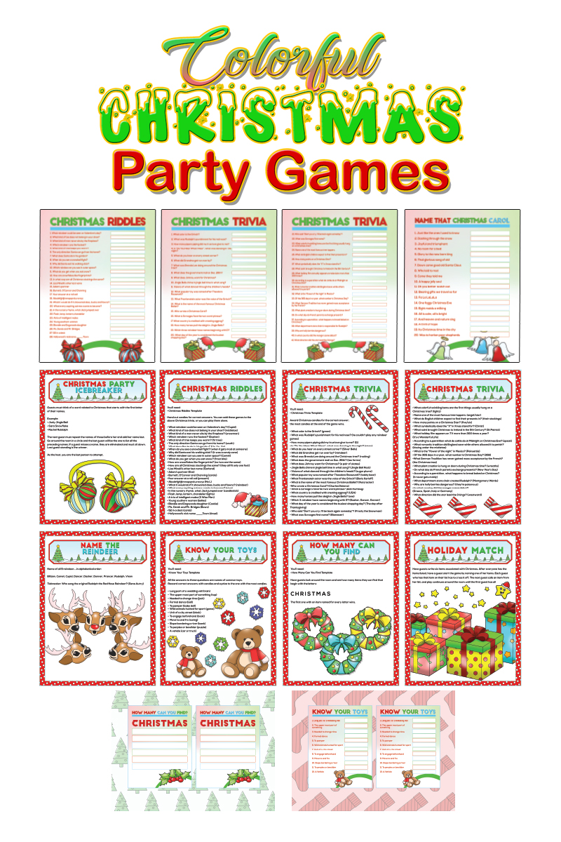a complete image showing smaller images of all the full color pages in a package about Christmas party games