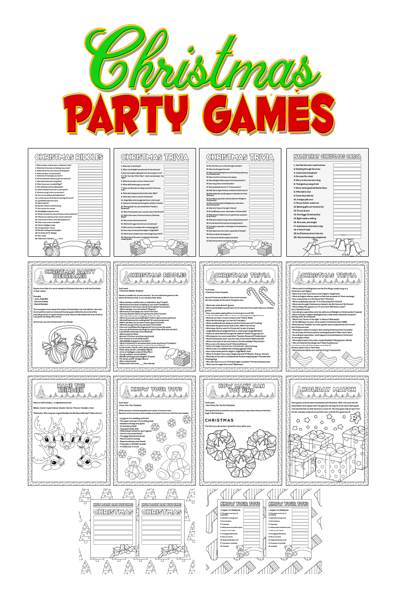 a complete image showing smaller images of all the coloring pages in a package about Christmas party games