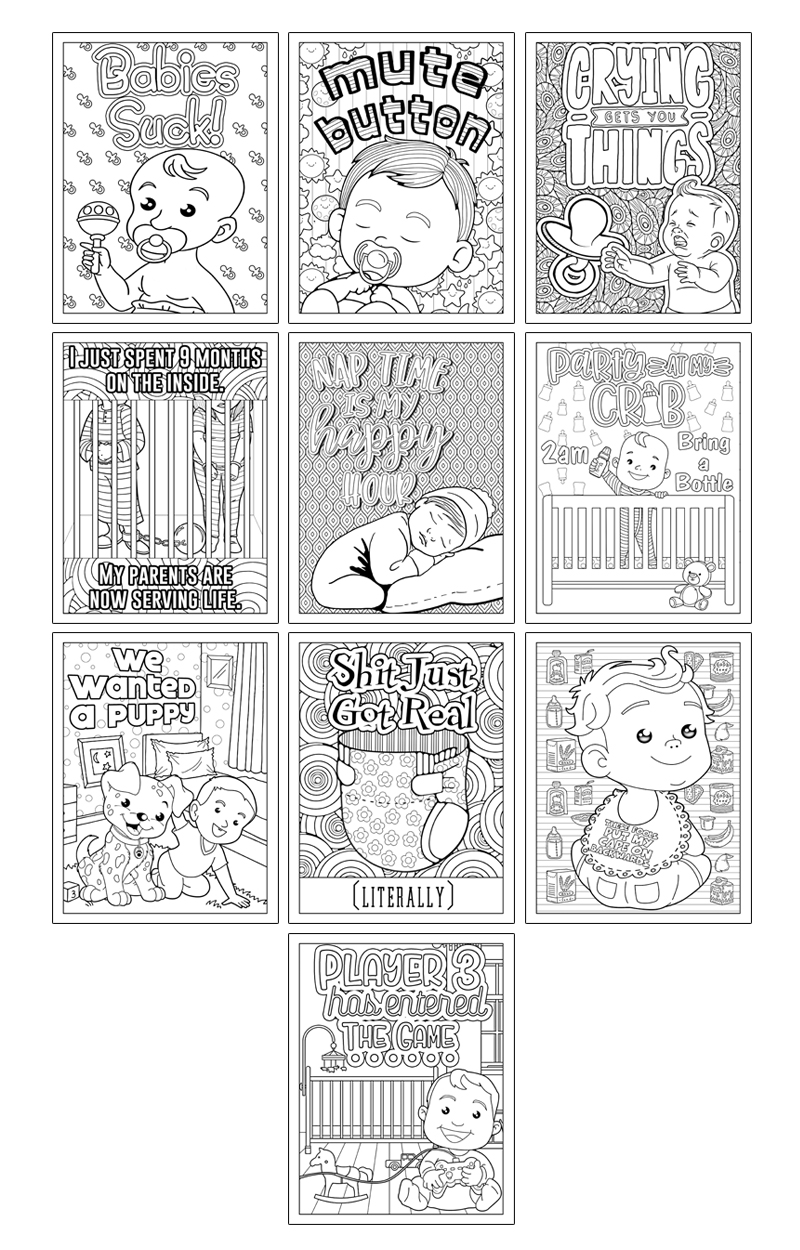 a complete image showing smaller images of all the coloring pages in a package about babies