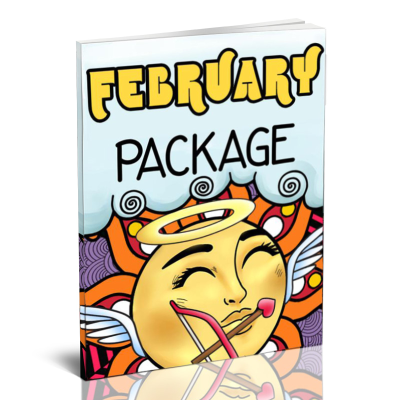 a book cover titled "February Package" with a smiling sun acting as a cupid