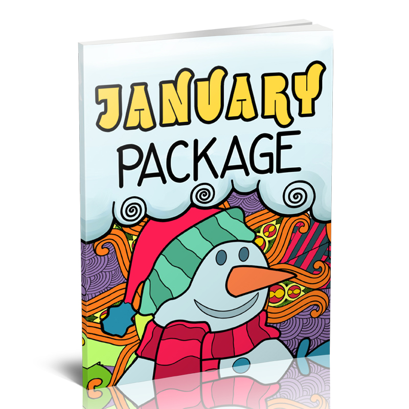 a book cover titled "January Package" with a smiling snowman wearing a scarf and santa hat