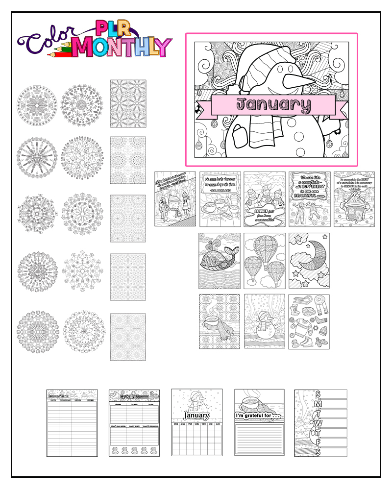 a complete image showing smaller images of all the coloring pages in a package about winter