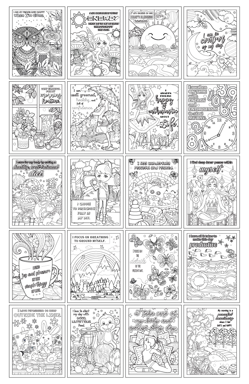 a complete image showing smaller images of all the coloring pages in a package about affirmations to start your day with