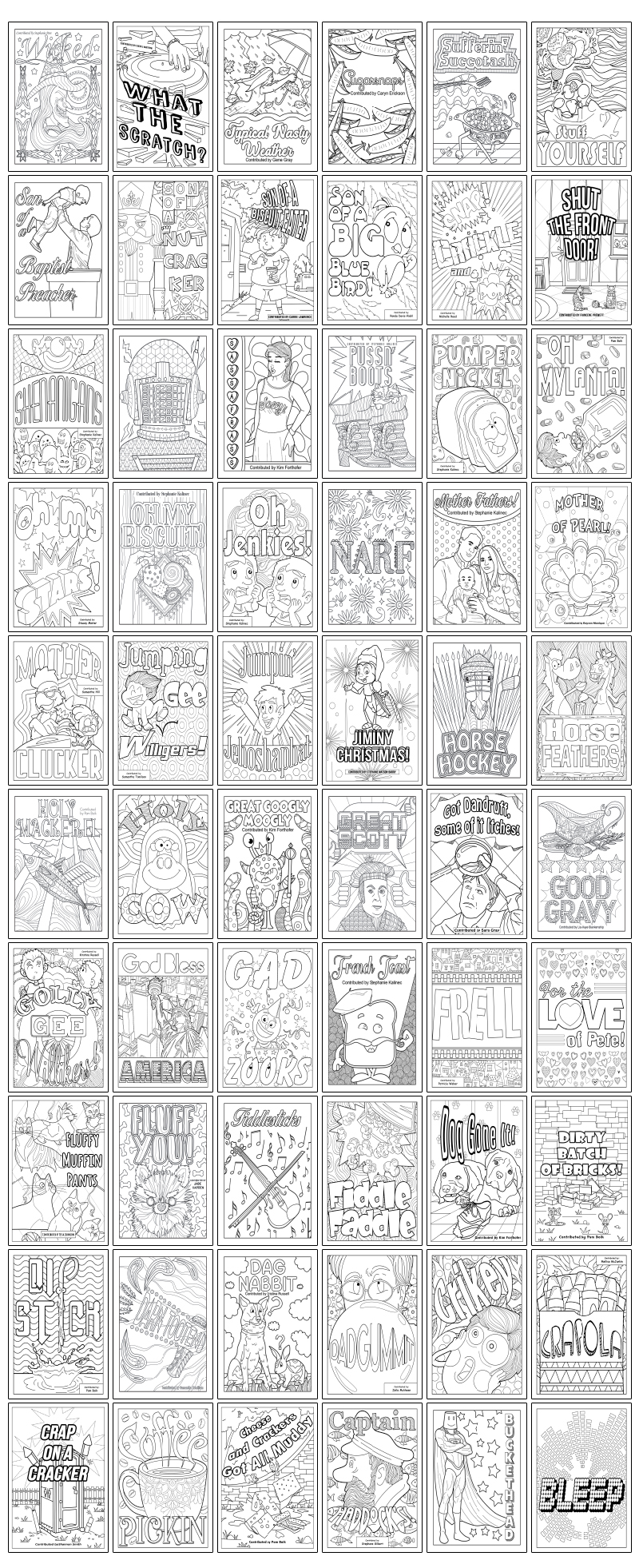 a complete image showing smaller images of all the coloring pages in a package about clean cuss words